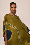 Itajime Silk Block Kaftan - Olive | Indigo